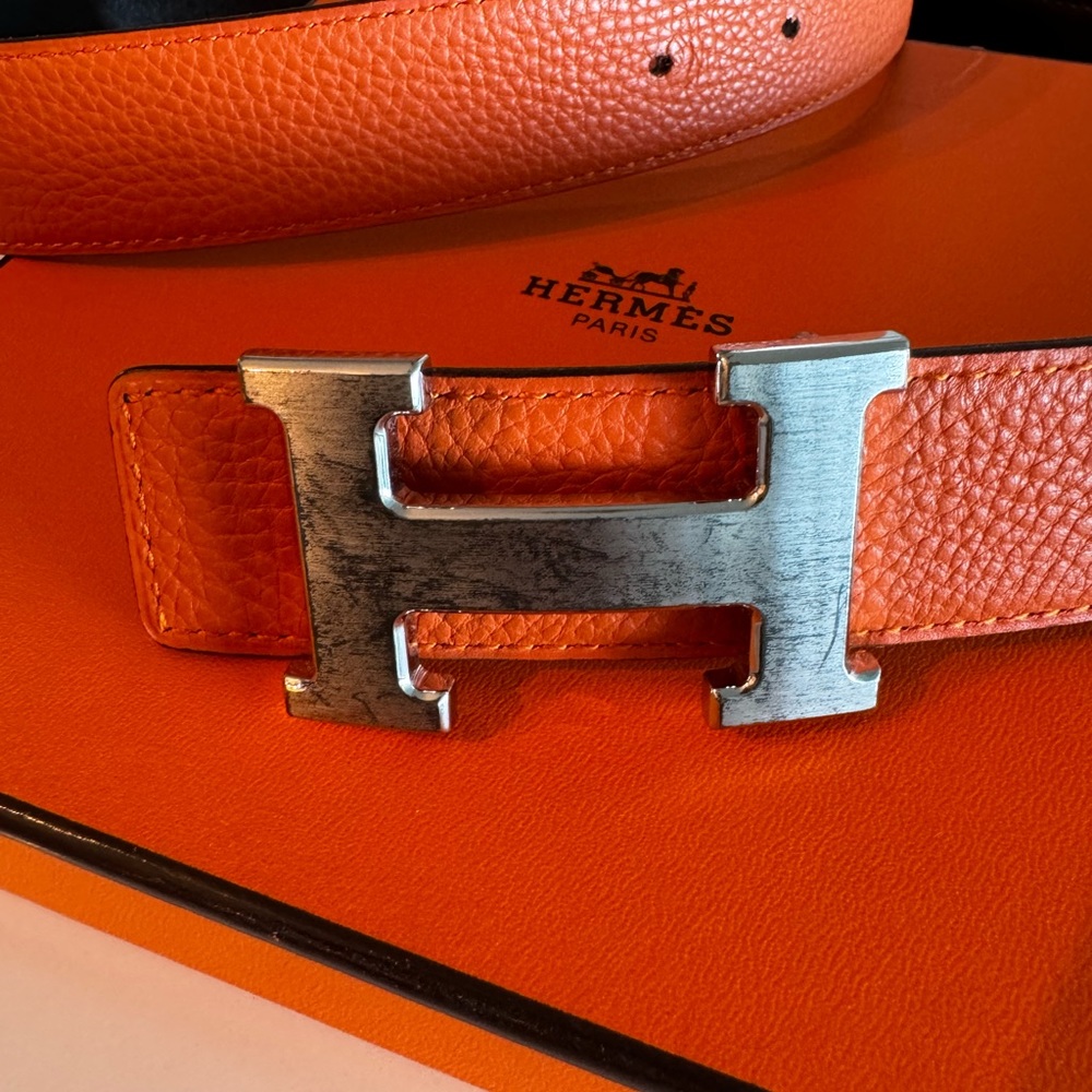 HERMES Constance H Belt Orange/Brown/Silver Leather/Metal
